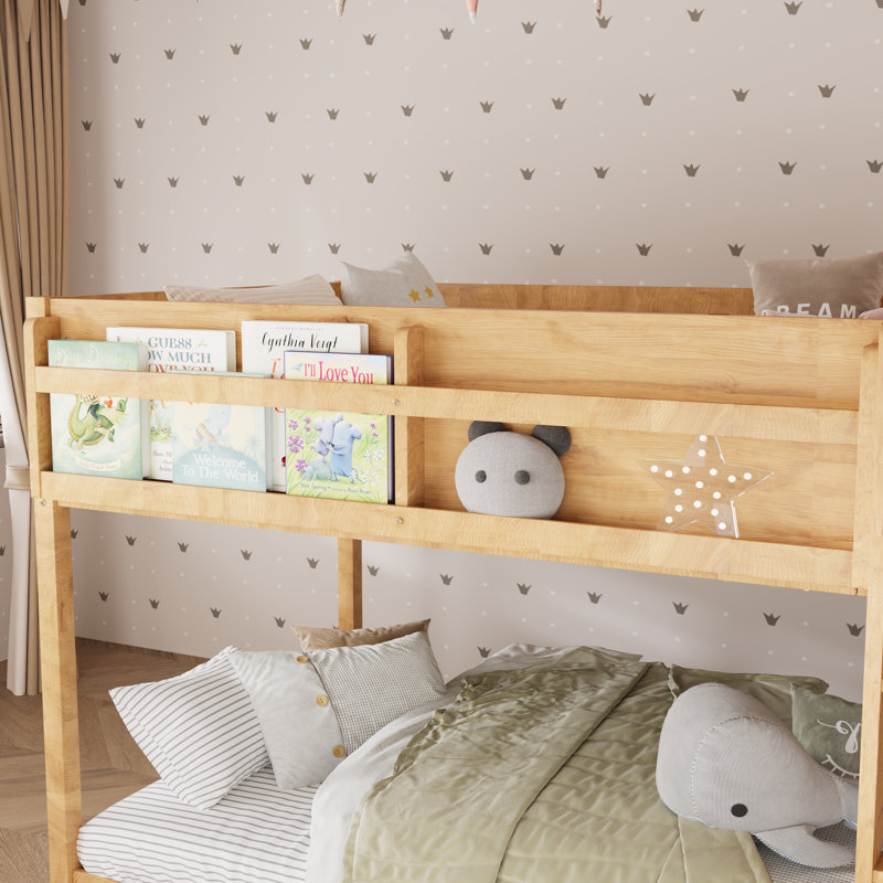 Lit superposé simple au-dessus d'un lit simple pour enfant avec garde-corps et échelle, Naturel