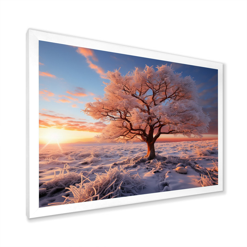 «Pink Tree Winters Sunrise Glow», impression d'art mural de paysages, H 30 po x l 40 po x P 1,5 po, Cadre simple blanc