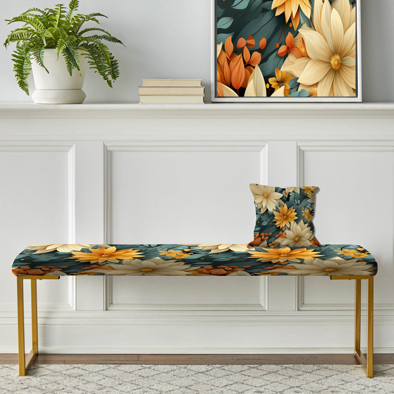 Chrysanthemums Mandala Boho Pattern IV - Floral Upholstered Gold Bench