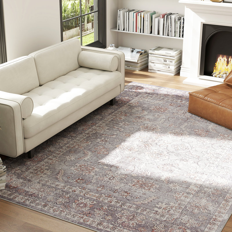 Area Rug   Machine Washable Rug, Non-Slip Traditional Flower Print Floor Cover Foldable Carpet for Living Room, Bedroom, Dining Room, Grey and Brown