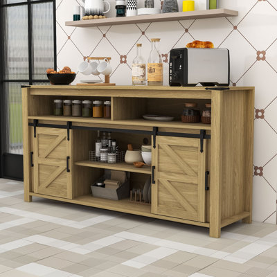 Farmhouse Sideboard Cabinet with Sliding Barn Doors, Open Storage Cubbies & Generous Tabletop Space