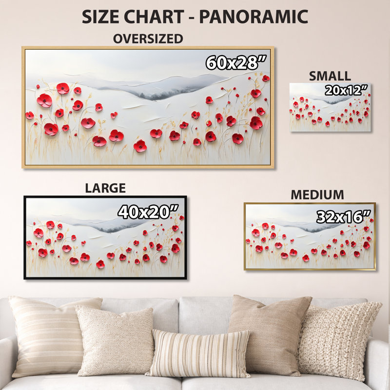 «Red Gray Harry I», art mural encadré floral rouge, impressions sur toile colorées, H 16 po x l 32 po, Cadre flottant blanc