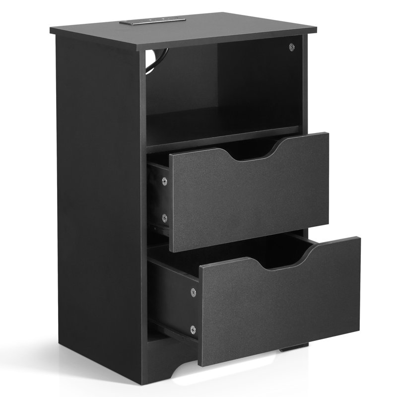 15.7" Black Nightstand, P2 Particleboard, Matte Melamine, Handleless, 2 Drawers, US Outlet, Black
