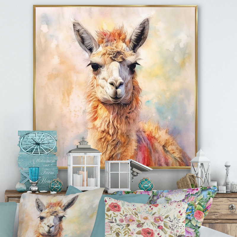 Llama Harmony I - animaux, reproduction sur toile, 36" H x 36" W, Cadre flottant doré