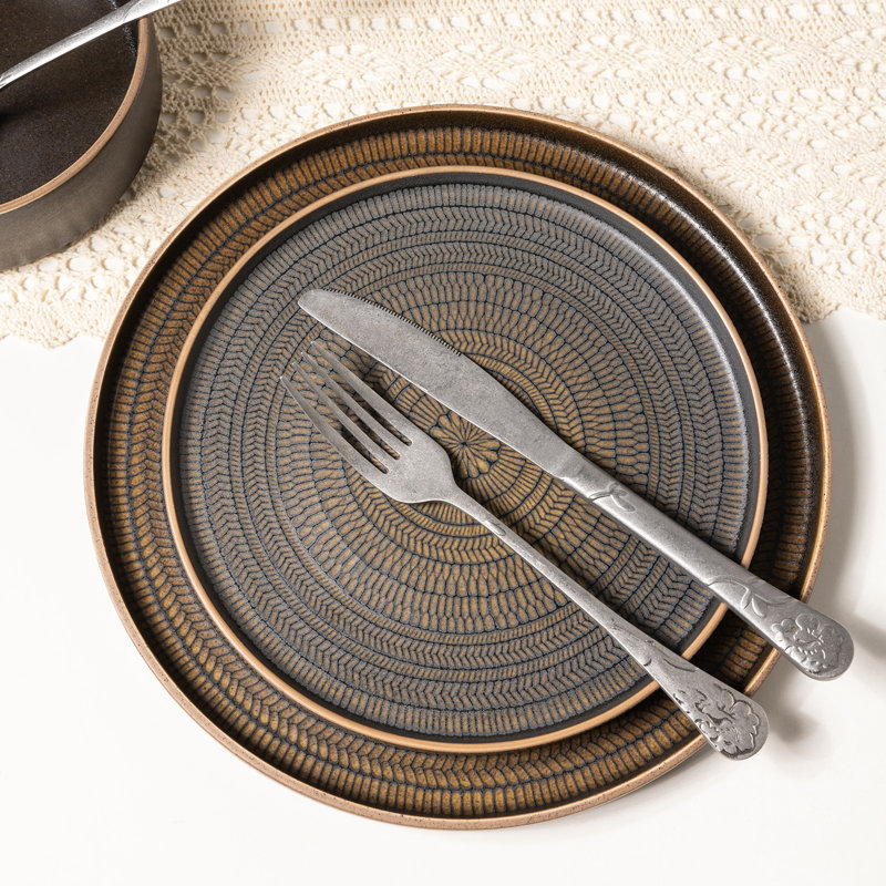 ALOFMO Antique Vein 12 Piece Stoneware Dinnerware Set, Service for 4, Black,Brown