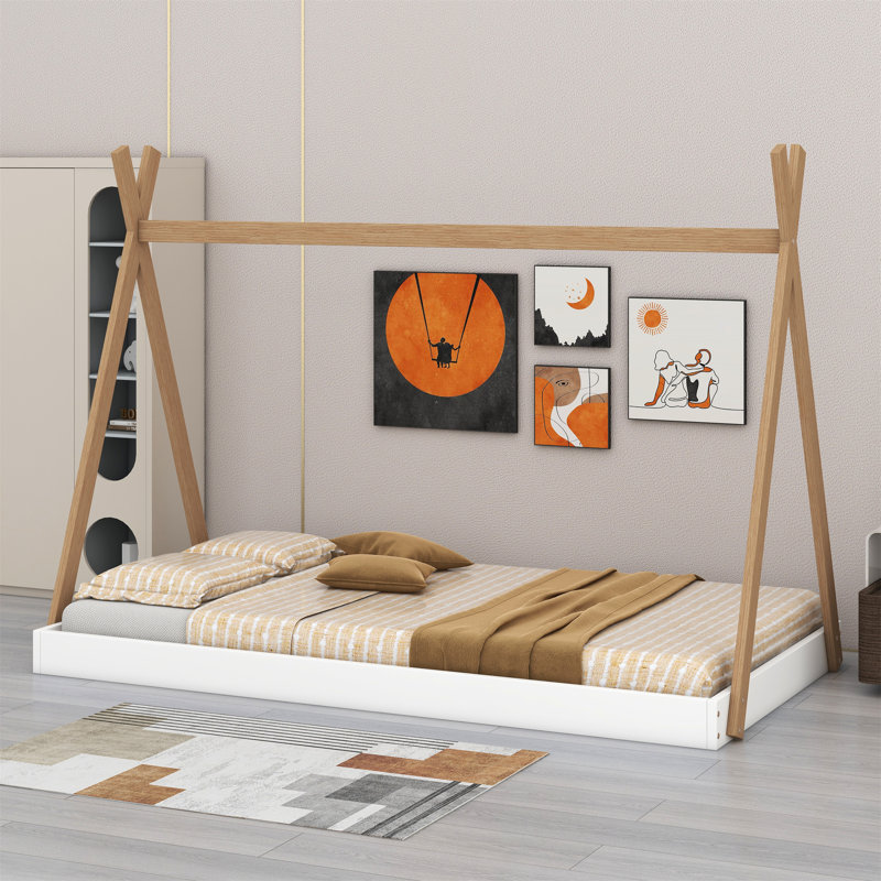 A Floor Bed Designed Like A Tent, Featuring A Triangular Structure., Black/Brown, Twin