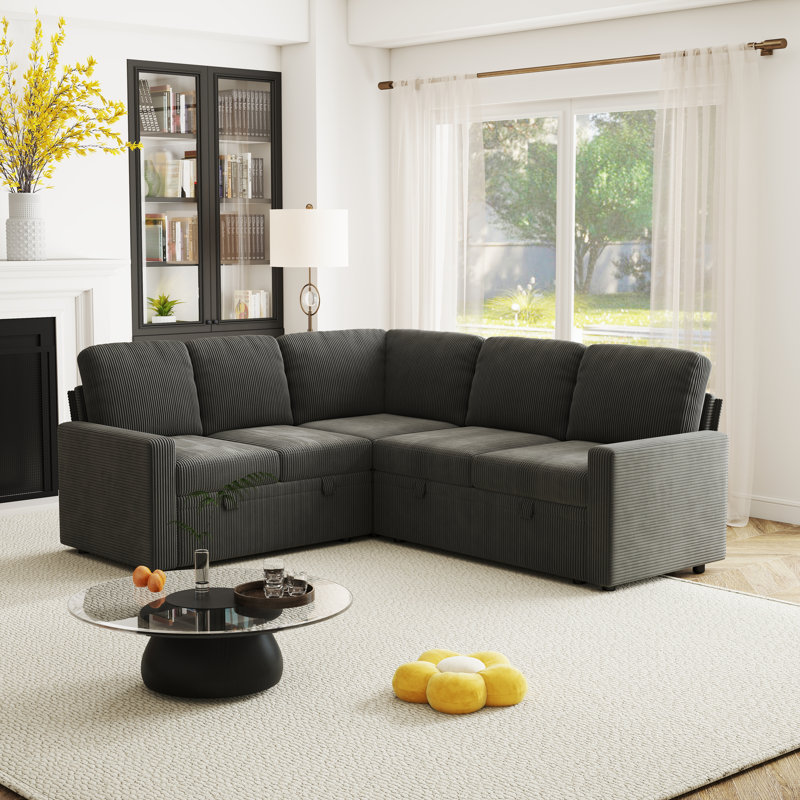 81-Inch Corduroy Sectional Sofa Bed (With Pull-Out Bed), U-Shaped 5-Seater Modular Sofa (With Storage), Gray Corduroy