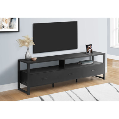 Meuble télé moderne 72 po, centre multimédia en stratifié noir et métal avec 2 tablettes de rangement ouvertes et 3 tiroirs, meuble contemporain élégant