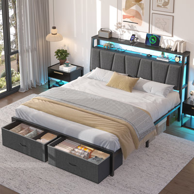 Lit Queen avec plateforme rembourrée, tête de lit DEL, 2 tiroirs de rangement, station de recharge, sans sommier, lin gris