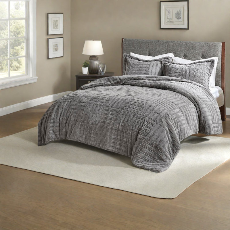 Ensembles de literie luxueux en fausse fourrure, motif damier gris, mini ensemble d'édredon double / grand