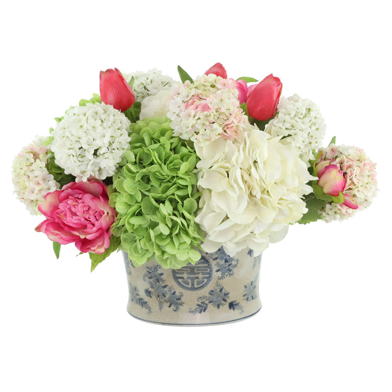 Hydrangea, Viburnum and Peony Arranged in a Ceramic Pot