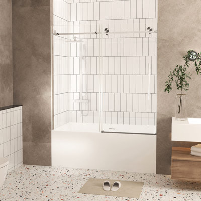 Porte de douche de salle de bain 56 - 60 po x 60 po, verre trempé transparent de 1/4 po, protection d'enveloppe résistante, poignée à bras allongé en acier inoxydable, rails ronds en nickel brossé pour un revêtement de voyage stable