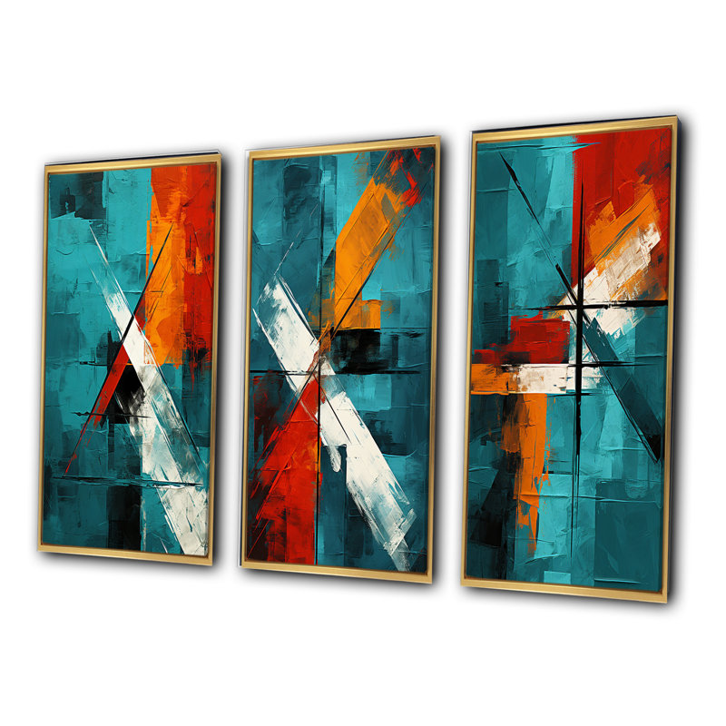 «Impossible Logic of Love Abstract» en bleu sarcelle - ensemble de 3 reproductions, Encadrement doré, H 20 po x l 36 po