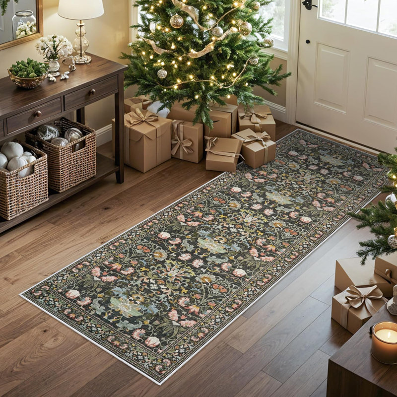 Washable Hallway Rug: Vintage Kitchen Rugs with Non-Slip Backing Low Pile Water Resistant Carpet for Living Room Bedroom Soft Floor Mat for Bathroom Laudry Dining Room