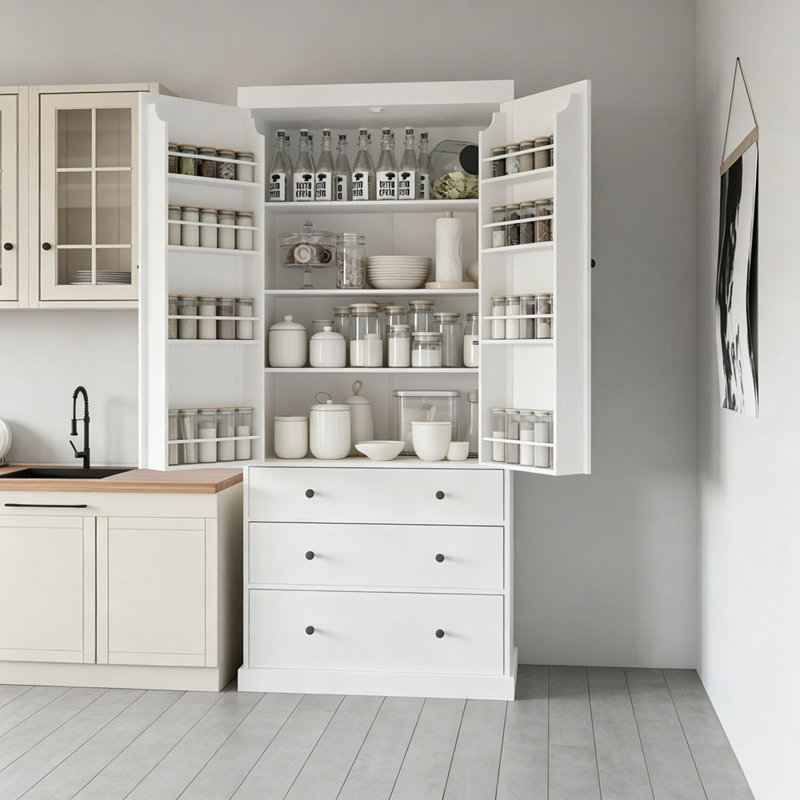 Garde-manger de style campagnard, grande armoire autoportante avec tablettes réglables et plusieurs options de rangement pour une organisation efficace
