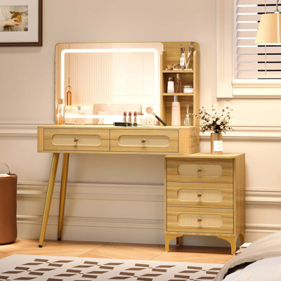 47'' Vintage Makeup Vanity with Mirror and Lights, Makeup Vanity Desk with 5 Drawers and Storage Shelf, Rattan Drawer Design, 3 Color Modes and Adjustable Brightness Dressing Table