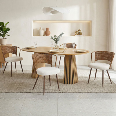 Solid wood stretching dining table + dark brown woven dining chairs 2-piece set - farmhouse style farm chairs
