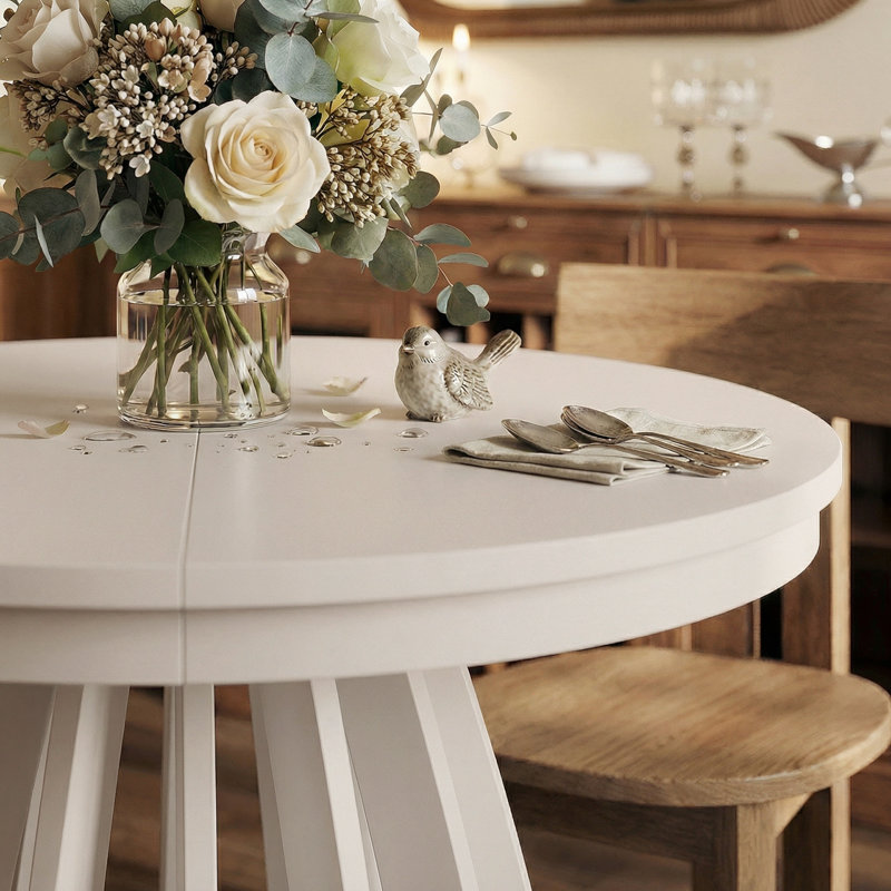 Extendable Round Dining Table, Beige, Beige
