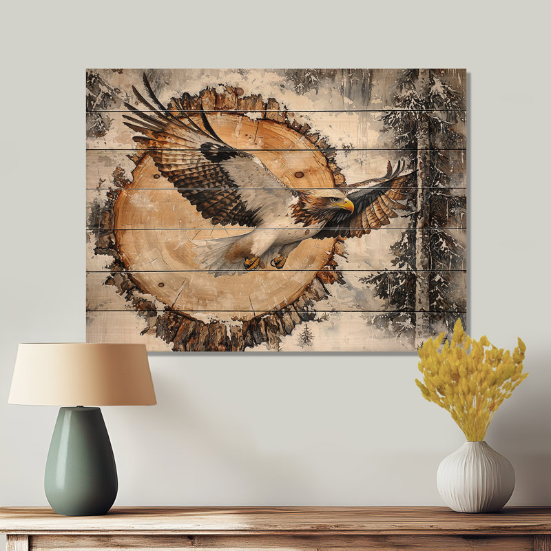 Aigle, esprit du vent dans la forêt hivernale II - aigle, art mural en bois sur bois de pin naturel, H 24 po x l 32 po