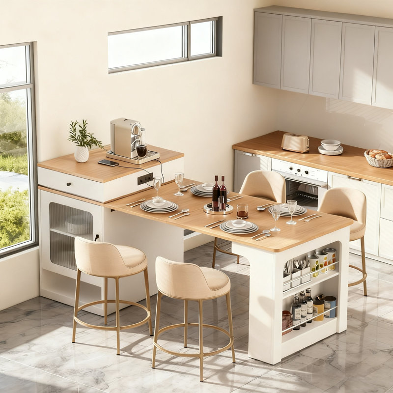 Extendable Storage Kitchen Island with Double-sided Storage and Power Outlet, White