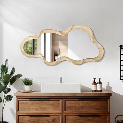 Large Asymmetrical Mirrors For Wall Wood Frame Irregular Mirror Unique Cloud Wavy Mirror Modern Living Room Bedroom Vanity Entryway Hallway Decorative