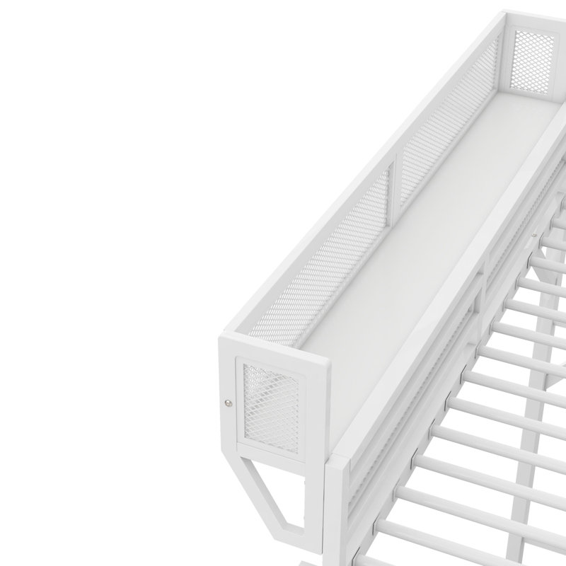 Lit mezzanine double pleine grandeur avec rangement supérieur, lit en métal, blanc, rembourrage antidérapant, garde-corps pour tablettes de rangement en maille, adolescents, capacité de 300 lb, espace sous le lit de 54,3 po