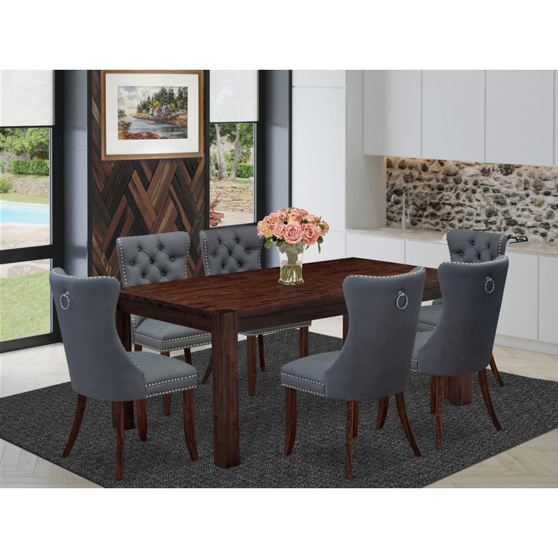 7 Piece Dining Table Set Contains a Rectangle Rustic Wood Kitchen Table and 6 Polyester Fabric Upholstered Chairs, Distressed Jacobean