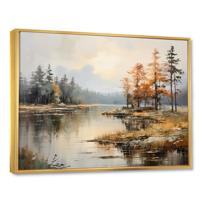 «Lakeside Fall Foliage Serenity II - Lake River», art mural, Cadre flottant doré, H 24 po x l 32 po x P 1 po