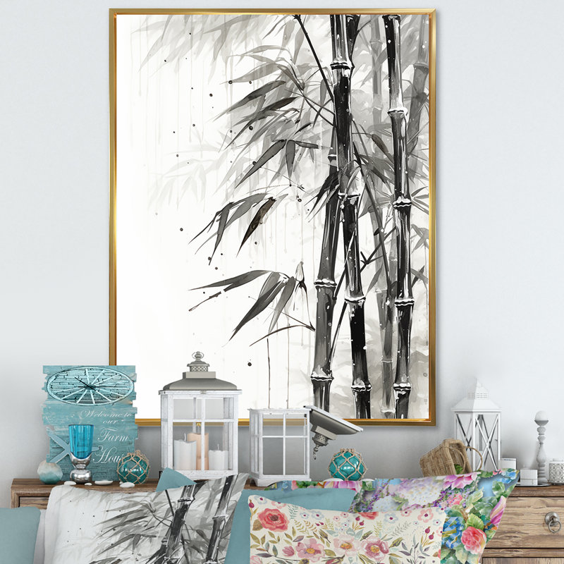 Bambou sauvage noir et blanc VI sur toile, H 40 po x l 30 po x P 1,5 po, Cadre flottant doré
