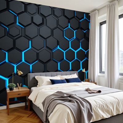 Papier peint adhésif pelez et collez, futuriste, noir, hexagonal, bleu, néon, contour, peintures murales, H 100 po x l 144 po, amovible, papier mural en PVC, décoration murale auto-adhésive pour chambre à coucher, bureau à domicile