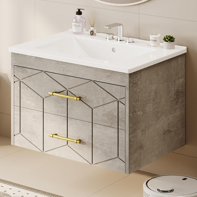 30" Wall Mounted Bathroom Vanity with Ceramic Sink, Soft-Close Large Storage Drawer, Modern Floating Cabinet with Gold Metal Handle