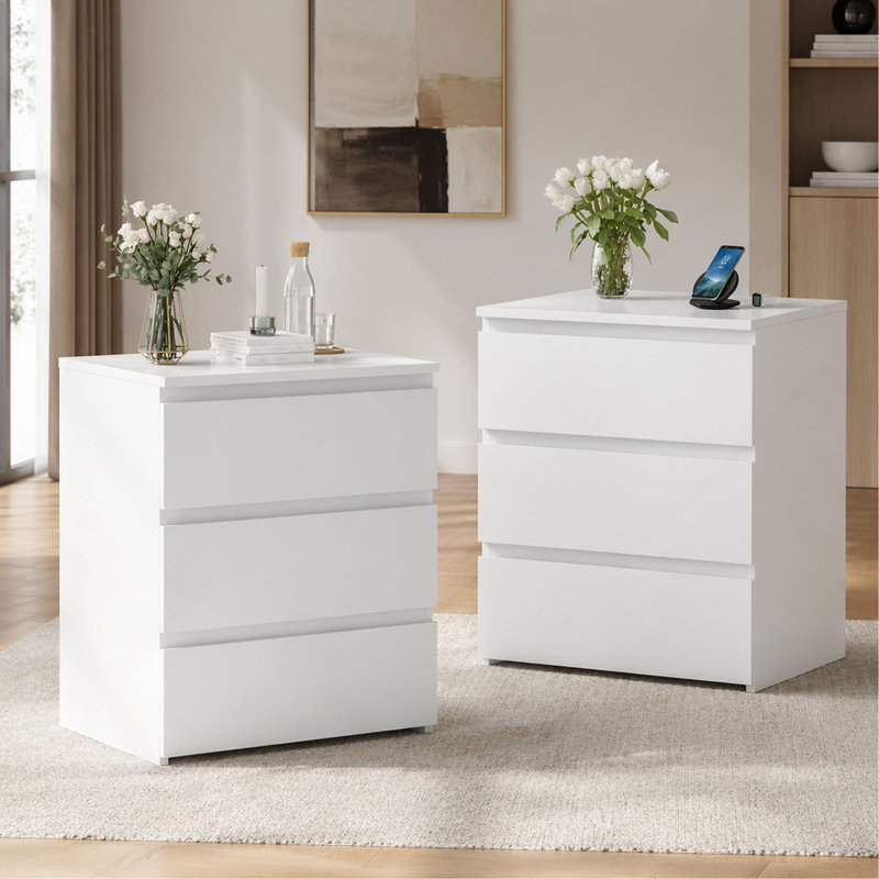 (Ensemble de 2) Commode 3 tiroirs, petite commode pour garde-robe, table de chevet en bois pour la chambre à coucher, commode de table d'appoint pour le bureau d'entrée, chaque boîte contient deux tables d'appoint