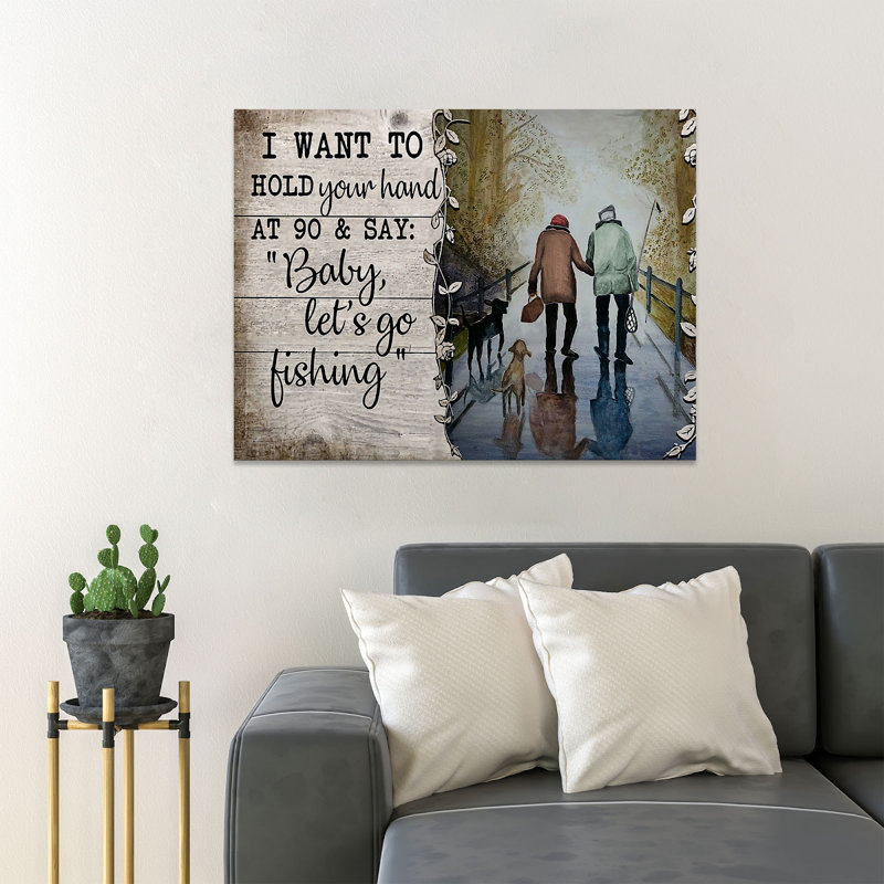 Old Couple With Fishing Rod - Baby, Let's Go Fishing - Wrapped Canvas Rectangle Graphic Art Print, 16" H x 20" W x 2" D