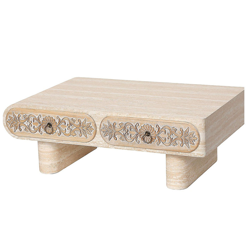 Table basse à bord arrondi avec tiroir en bois massif à motif floral, table basse de salon, bureau