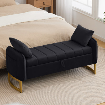 Banc de rangement de chambre moderne en velours l 51 po avec pieds dorés, accoudoirs et 2 coussins Lunara