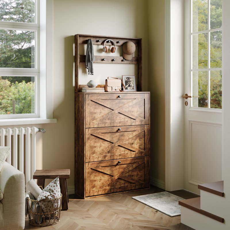 Shoe Cabinet With 3 Flip Drawers &  Hooks Coat Rack & Adjustable Shelves, Rustic Brown
