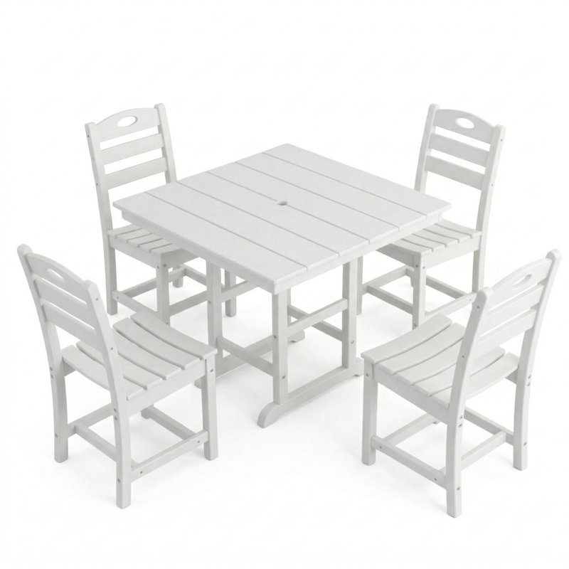 Ensemble repas d'extérieur pour 4, ensemble de patio 5 pièces avec table carrée et 4 chaises, trou pour parasol, White, 4