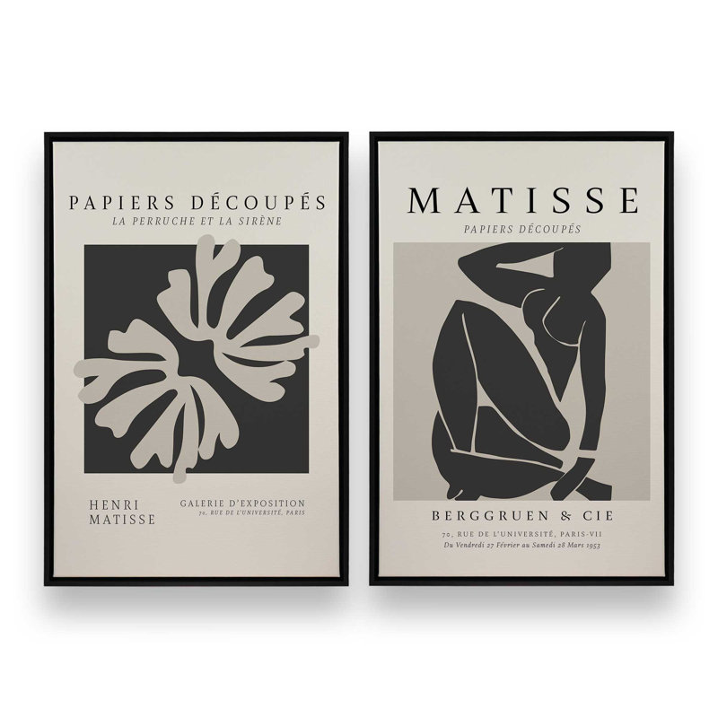 Ensemble de 2 Matisse La Perruche et Nus Noir, H 48 po x l 66 po, Cadre flottant noir satiné