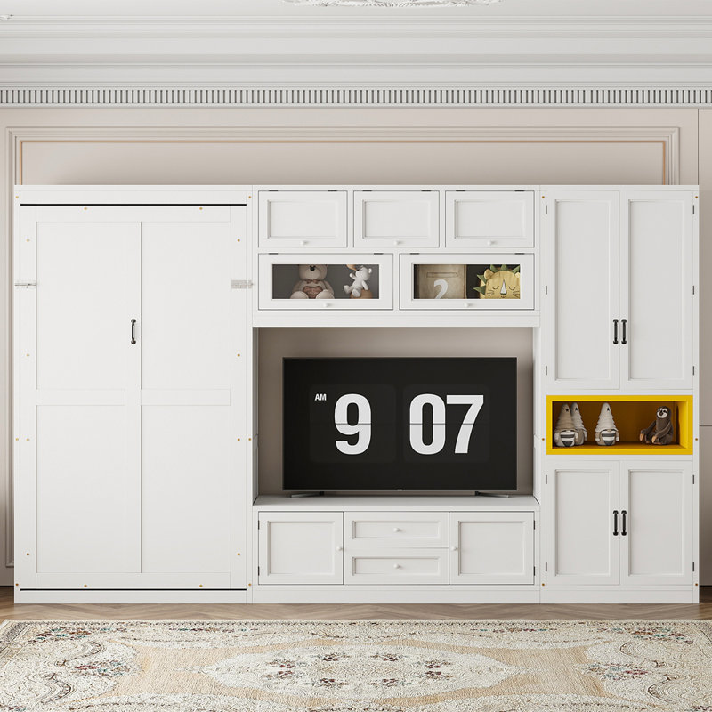 Lit escamotable simple en bois avec meuble télé, 2 tiroirs, tablettes et armoires, Blanc / Blanc