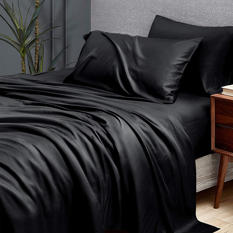 Ensemble de draps 4 pièces en rayonne de bambou, Ensemble de draps très grand californien avec 2 t, Noir