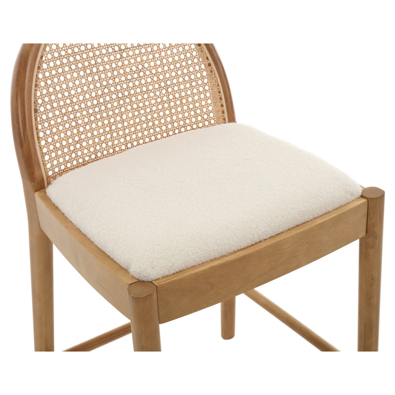 White and Natural Wood Counter Height Bar Stools with Rattan Backrests