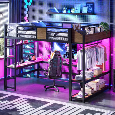 Queen Metal Loft Bed with L-Shaped Desk, Storage Shelves, Hanging Rod, LED Lights & USB Ports, Black