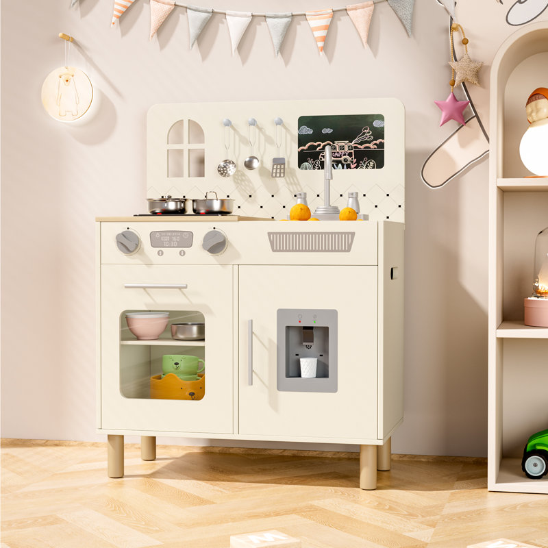 Wooden Kids Play Kitchen Set With Real Lights & Sounds, Interactive Pretend Kitchen With Knob Sounds, Sink, Water Dispenser, 6 Pcs Cookware & Chalkboard Panel For Toddlers And Children(cream)