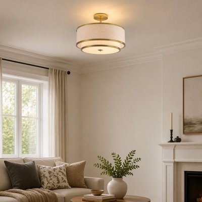 Plafonnier moderne de 38 cm (15 po), abat-jour en tissu et garniture dorée, montage encastré