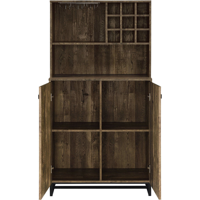 Armoire à vin rustique en chêne à 2 portes, motif à chevrons classique, support intégré pour 9 bouteilles et armoire de salle à manger à pieds industriels en chêne, 2 portes, façade, support, porte-verres à pied, bronze industriel
