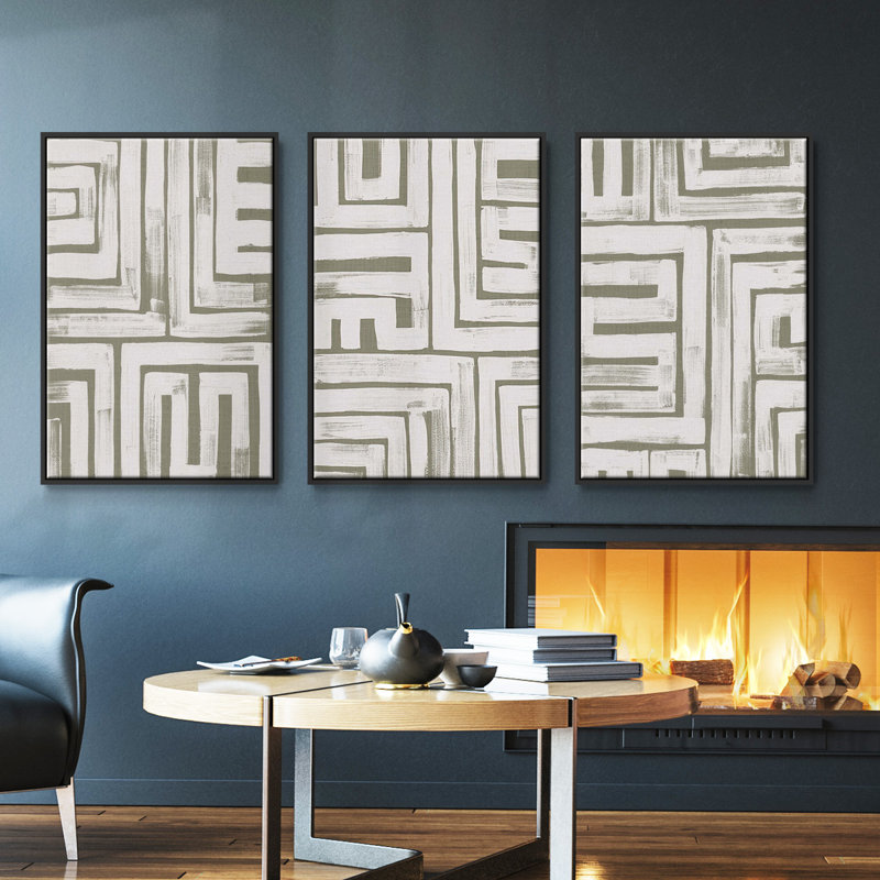 Willow Blue Besler I, ensemble de 3 toiles encadrées, Noir, noir, noir, noir, H 27 po x l 54 po