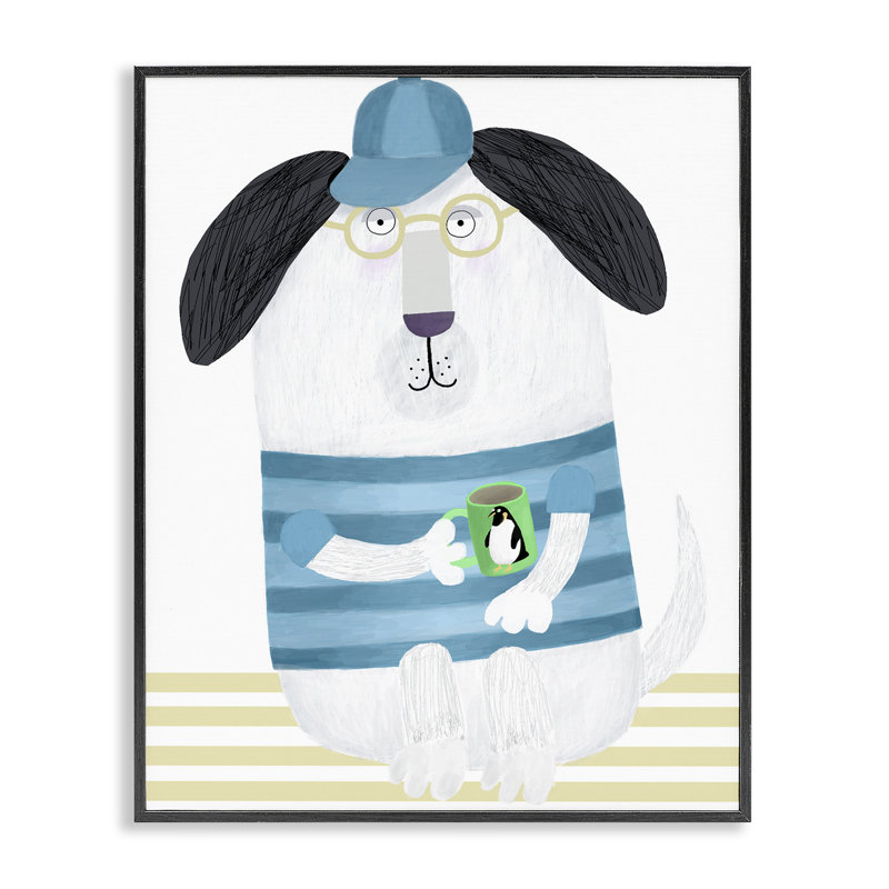 Chien avec une tasse de pingouin, giclée encadrée, design par Carla Daly, H 14 po x l 11 po, Giclée encadrée noir minuit
