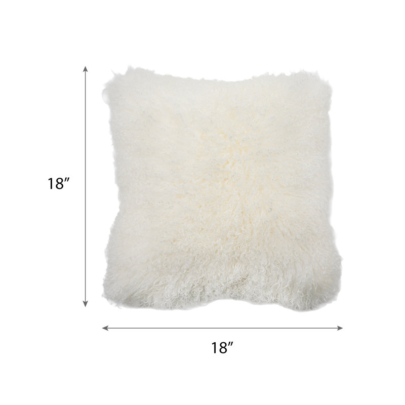 Curla Ivory Authentic Mongolian Wool Curly Fur Throw Pillow with Insert, 18"H x 18"W, Ivory