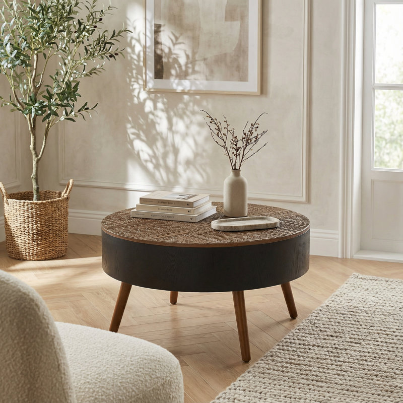Table basse de rangement ronde de 31,5 po avec plateau gravé pour petit salon