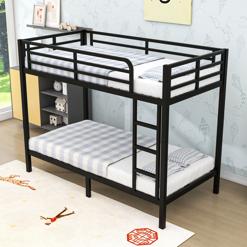 Full XL Over Full XL Metal Bunk Bed With Guardrails And Ladder, Black, Twin XL Over Twin XL
